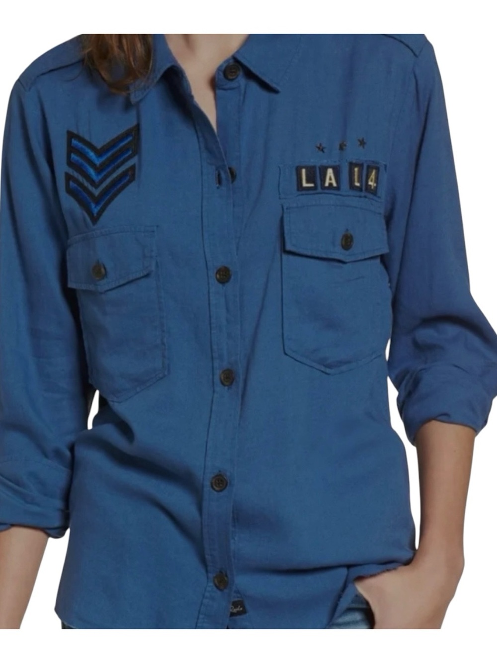 RAILS Banks Military Button Up Shirt Womens Large Indigo Blue Patches Utility